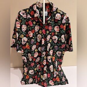 David Carey Men's Sugar Skull's Calaveras Day Of The Dead Hawaiian Camp Shirt L